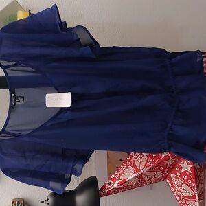 Semi sheer navy blue ruffle sleeve short sleeve top